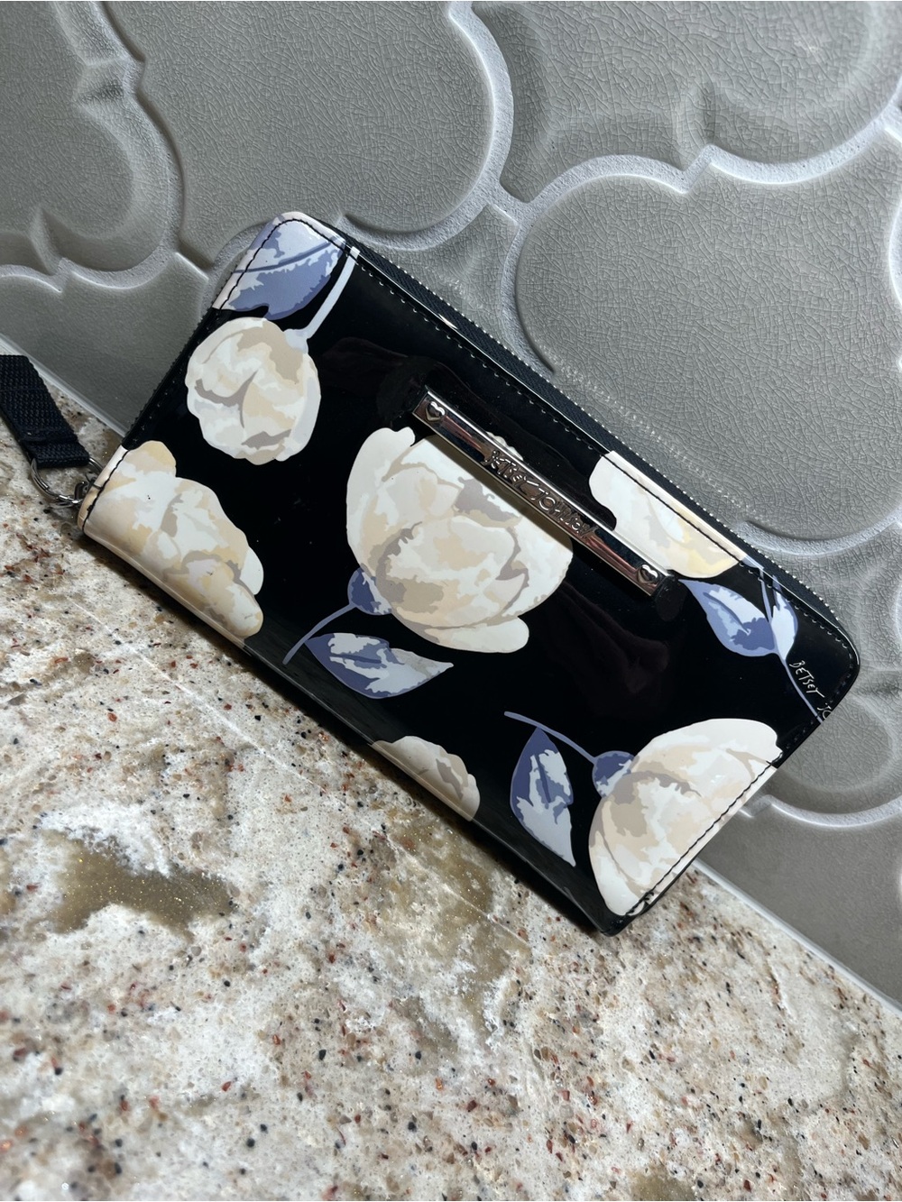 Betsey Johnson Black Patent Floral Wallet with Cream Blooms